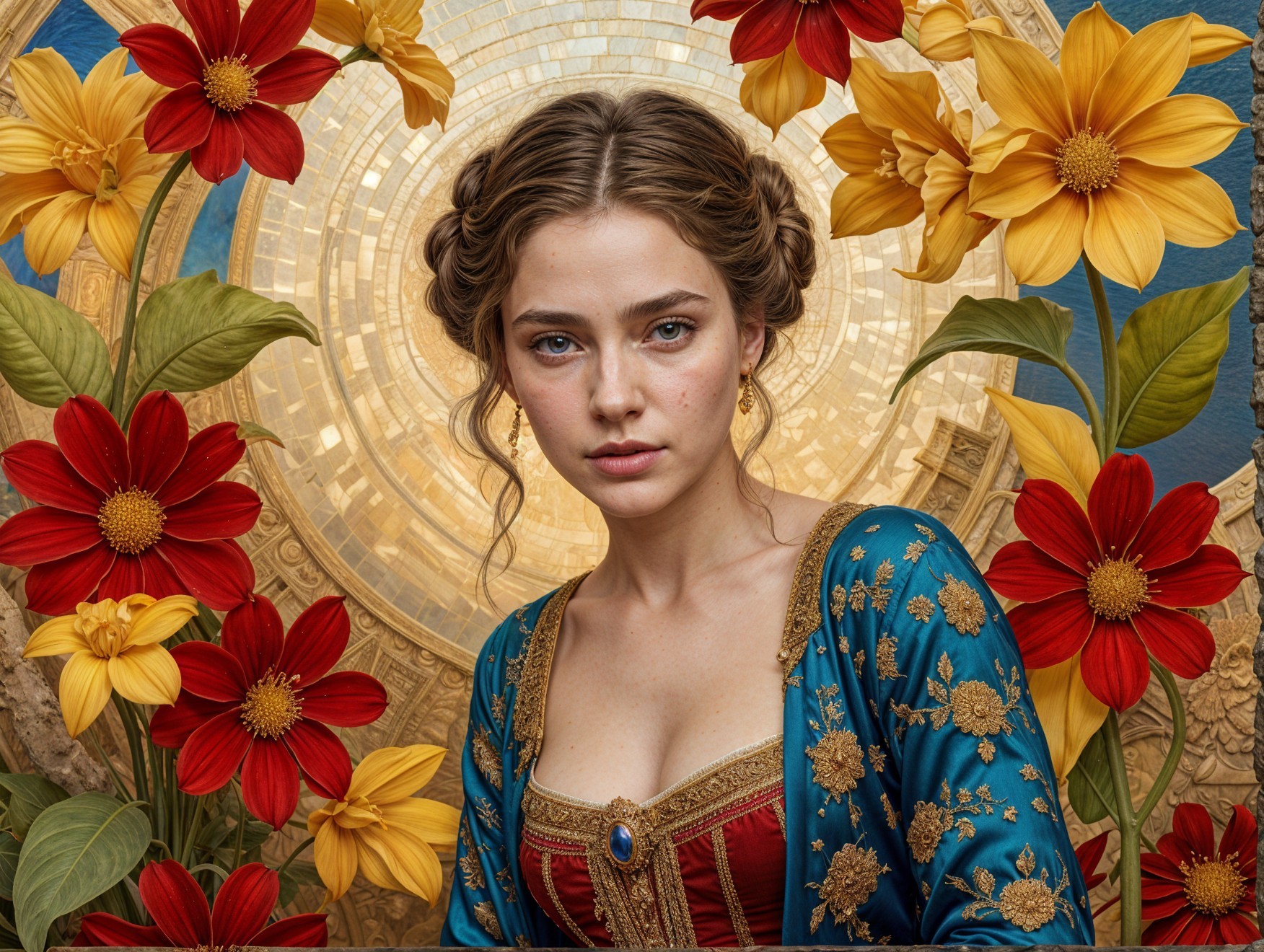 Young woman in blue gown with floral backdrop