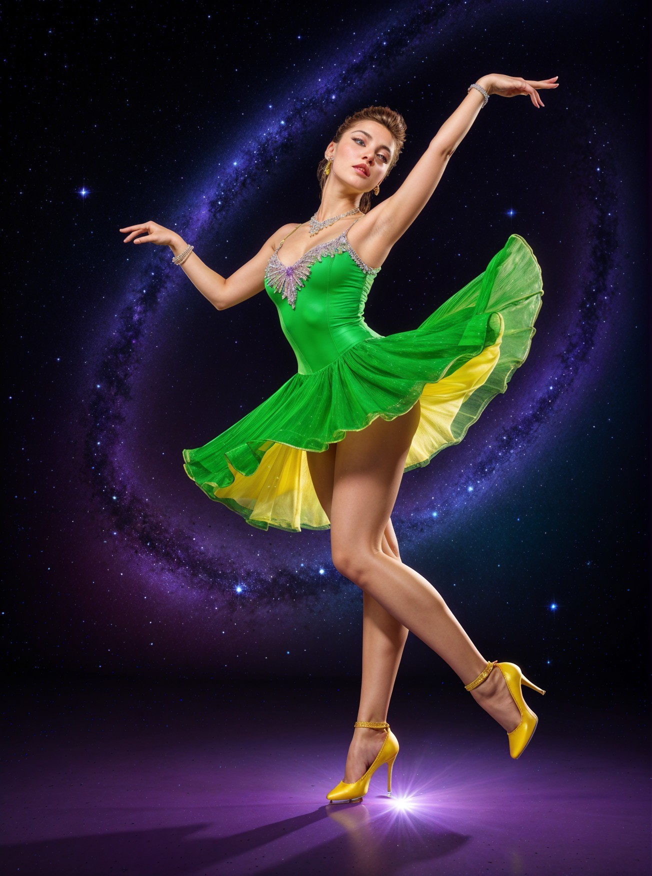 Dancer in Vibrant Dress Against Cosmic Backdrop