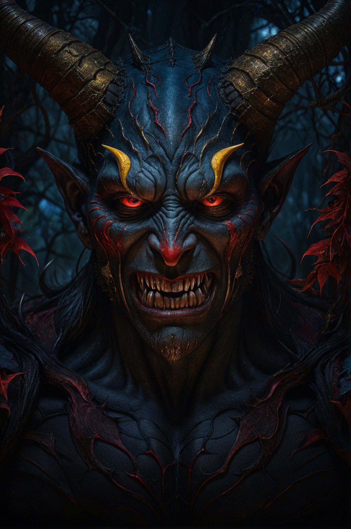 Menacing figure with horns and fiery red eyes