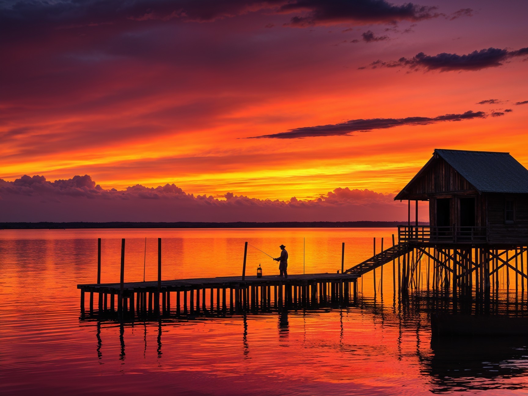 Tranquil Dusk Scene with Fisherman and Boathouse
