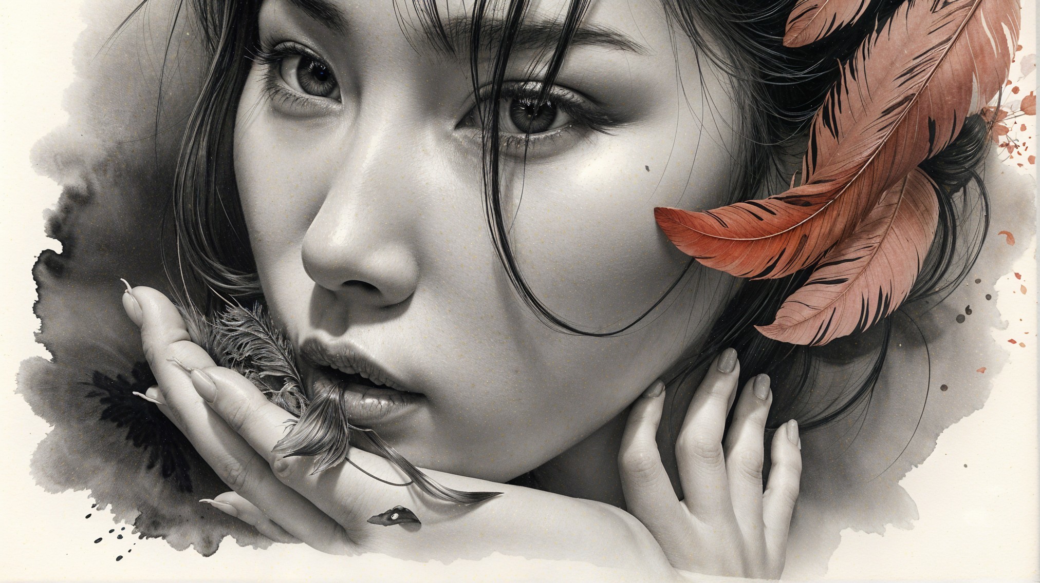 Close-up of a woman's face in black and white art
