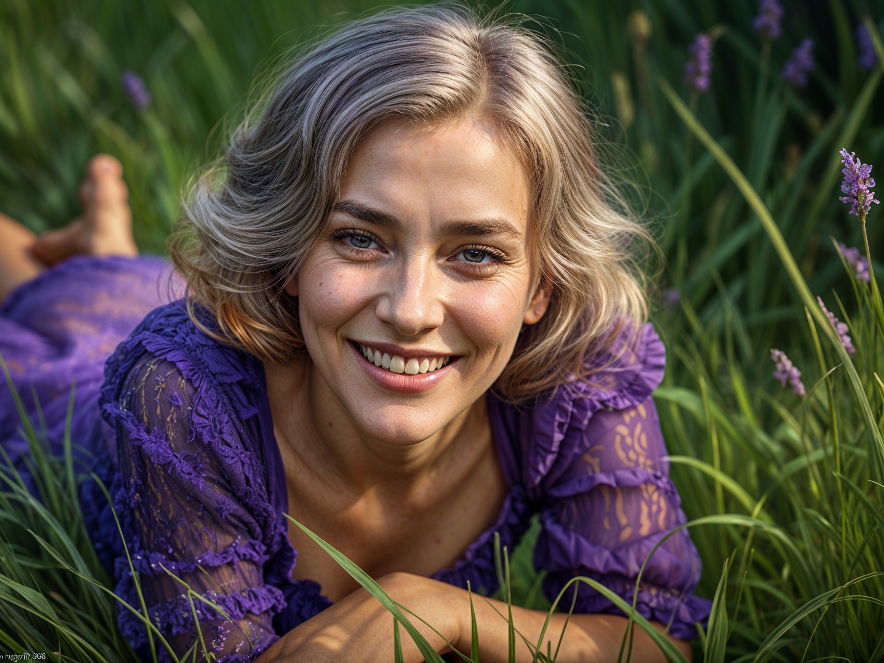 Young woman in purple dress in a green field