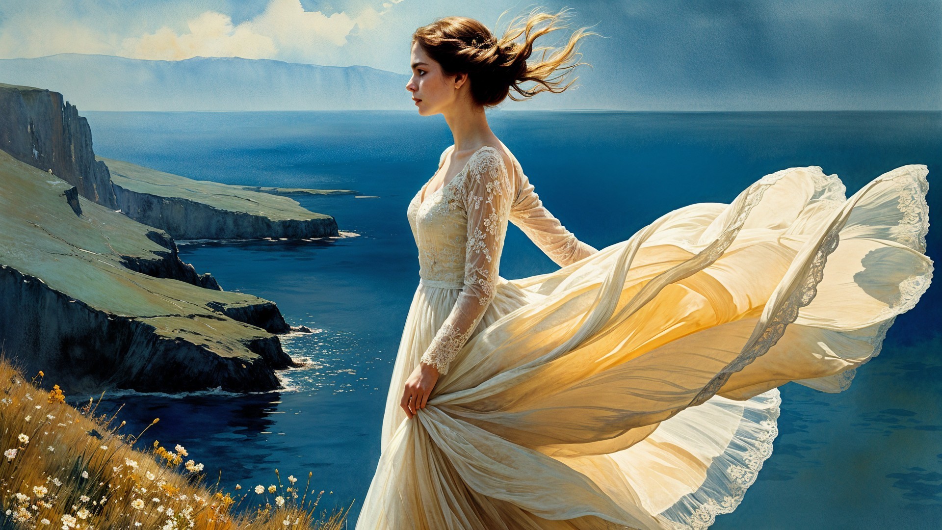 Young Woman in Elegant Gown on Ocean Cliff