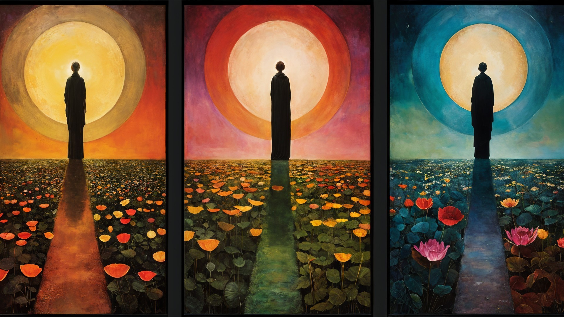 Triptych of Silhouetted Figure and Vibrant Suns