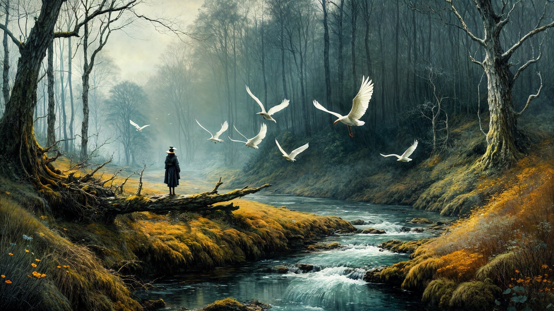 Misty Landscape with River and Flying Birds