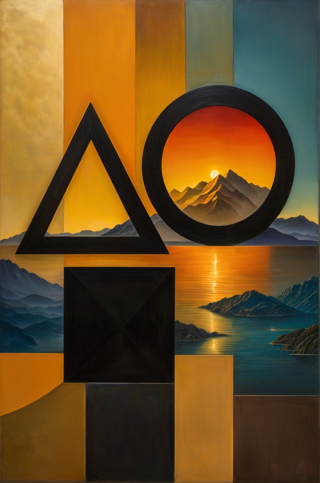 Geometric Shapes Against a Serene Sunset Landscape