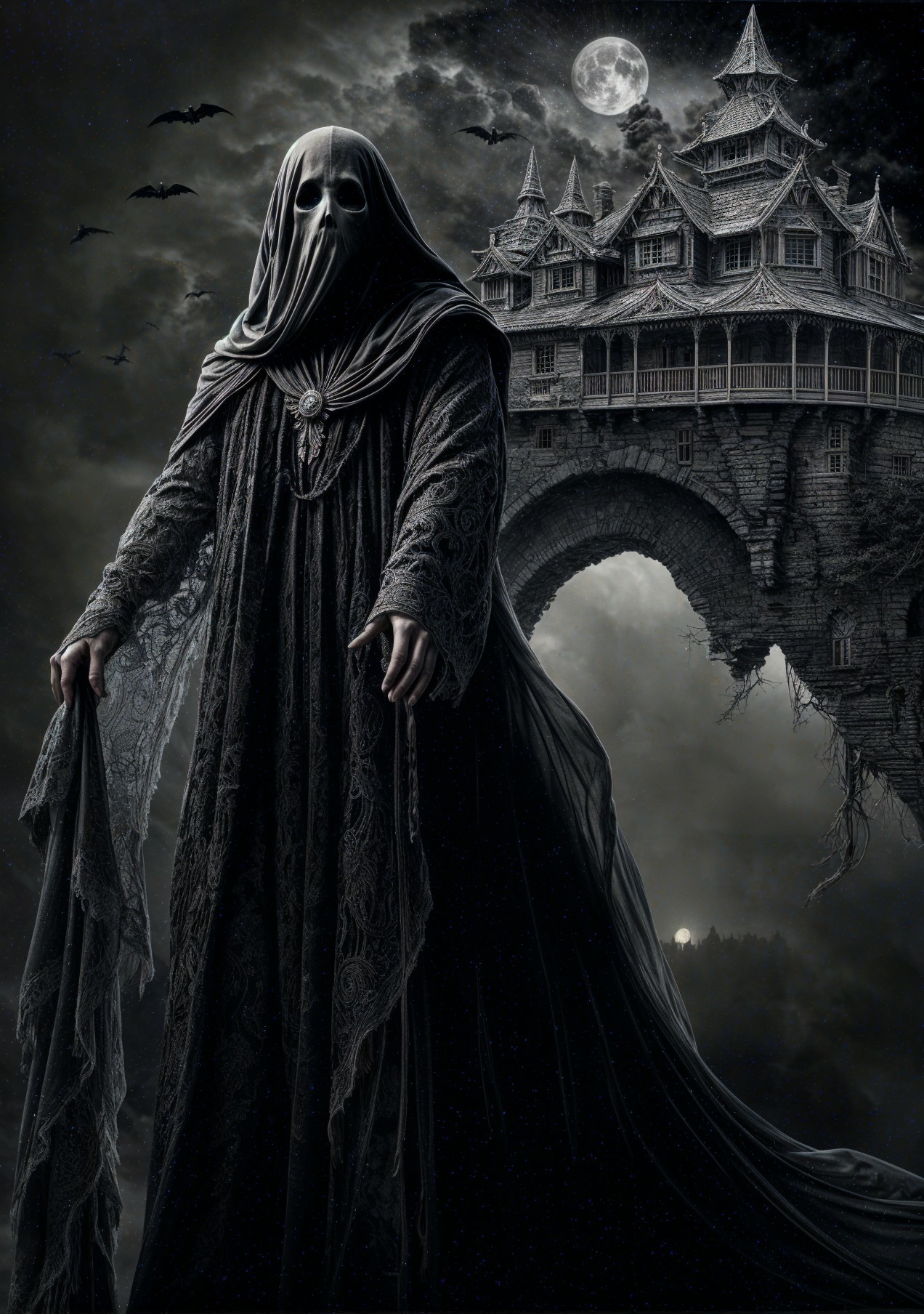 Cloaked Figure and Gothic Castle Under Night Sky