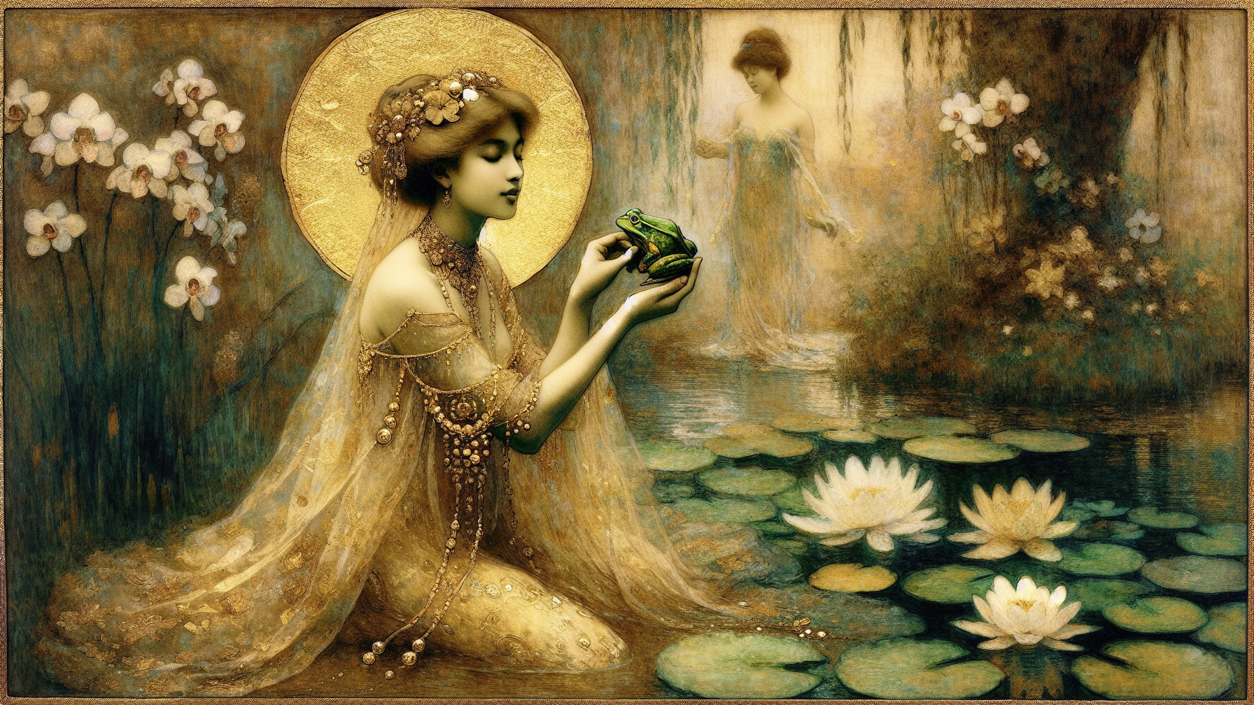 Serene Woman in Golden Gown by Shimmering Pond