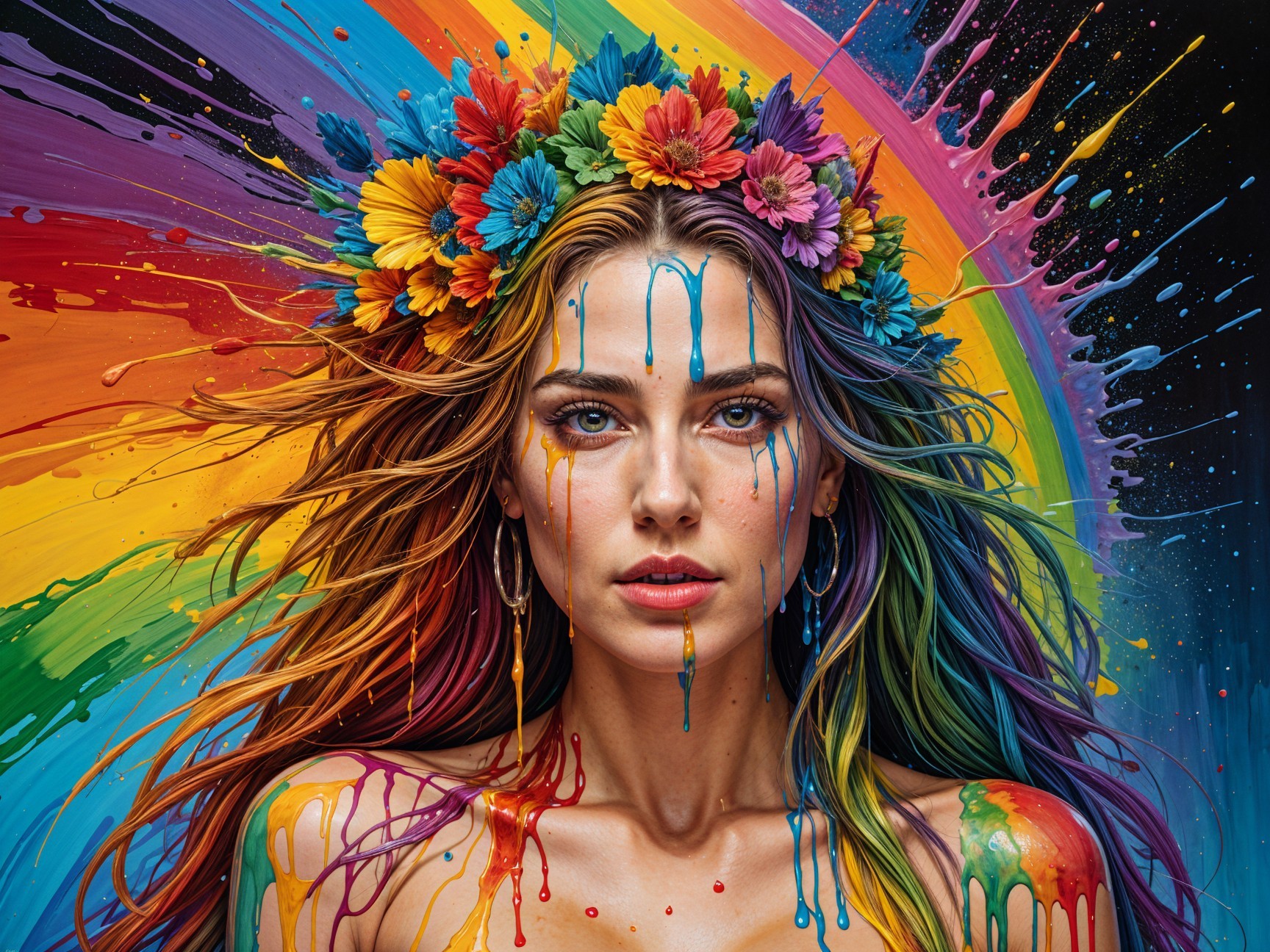 Portrait of a woman with rainbow hair and floral crown