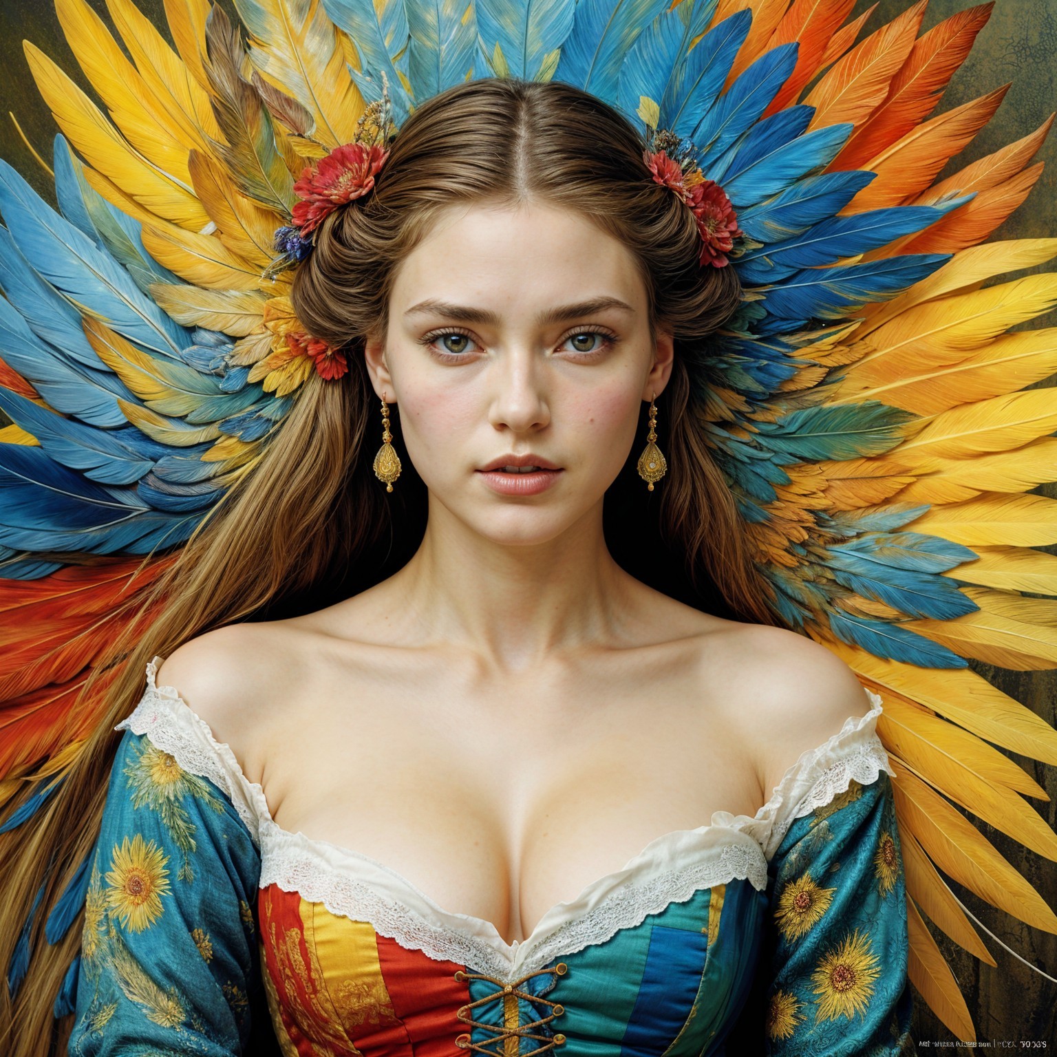 Portrait of a Young Woman with Floral Accents and Feathers