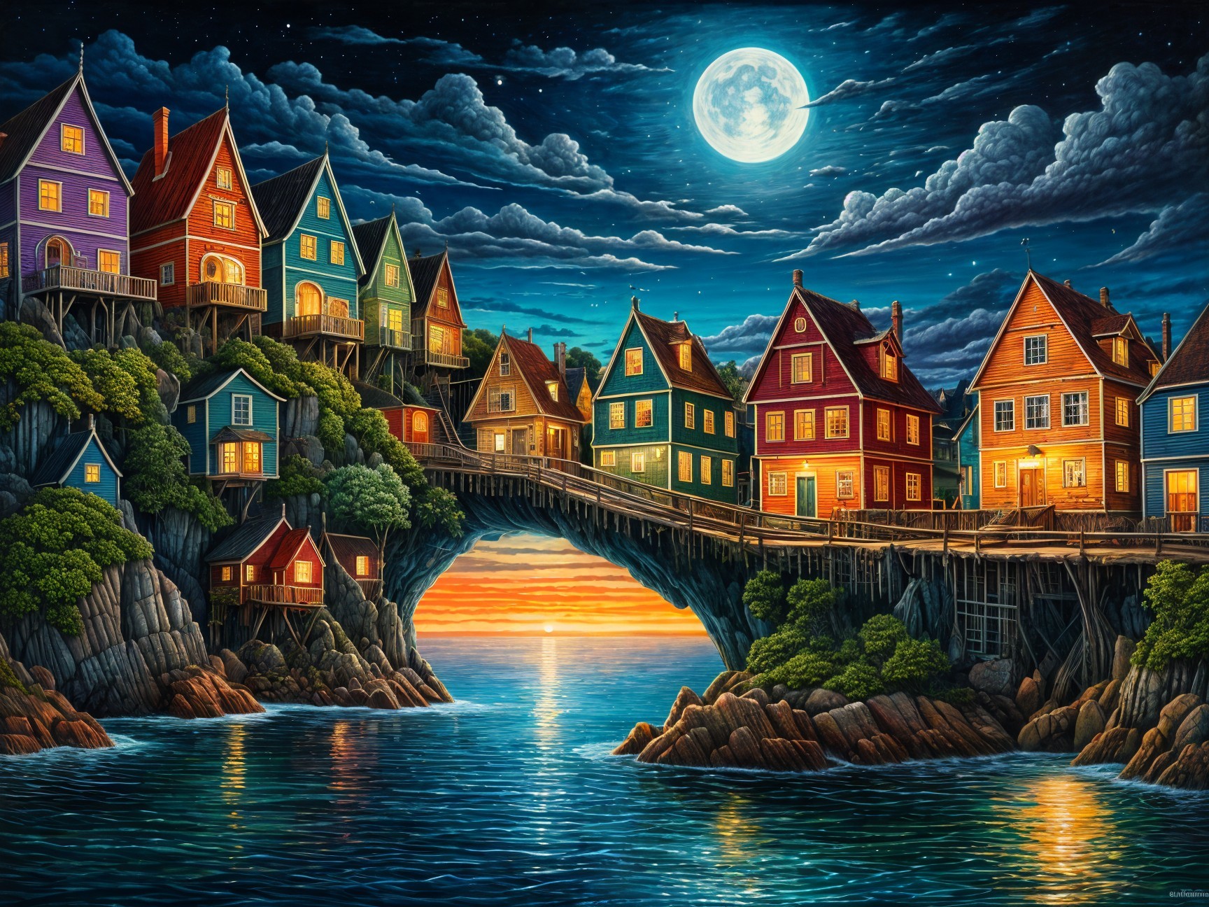 Coastal Village at Dusk with Colorful Houses and Bridge