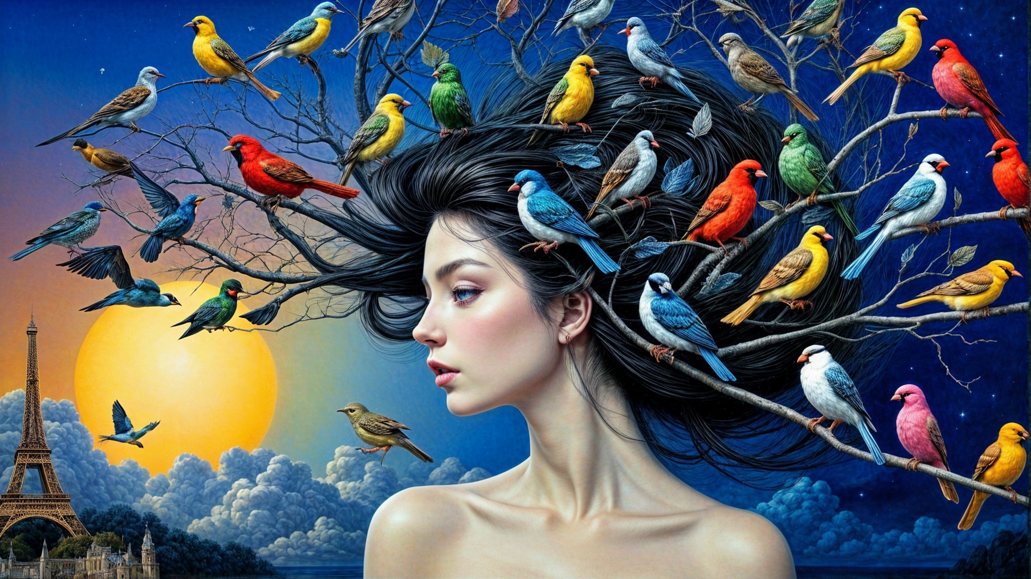 Young Woman Transforms into Tree with Colorful Birds