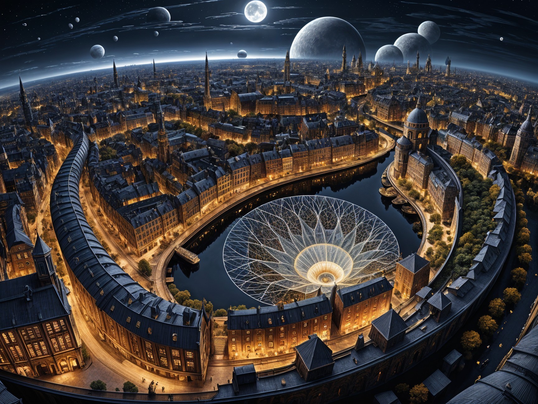 Aerial View of a Futuristic City at Night