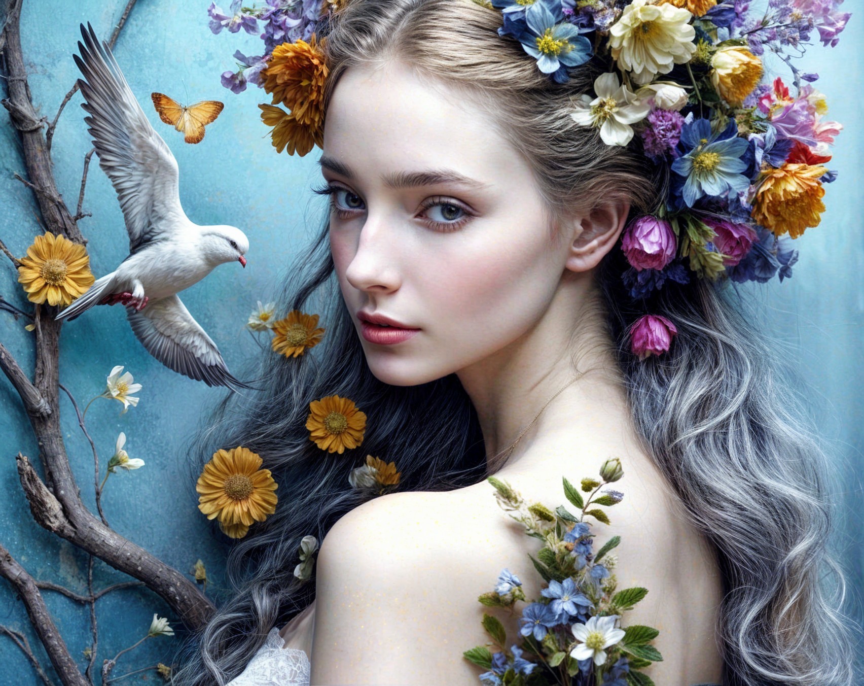 Serene portrait of a woman with grey hair and flowers