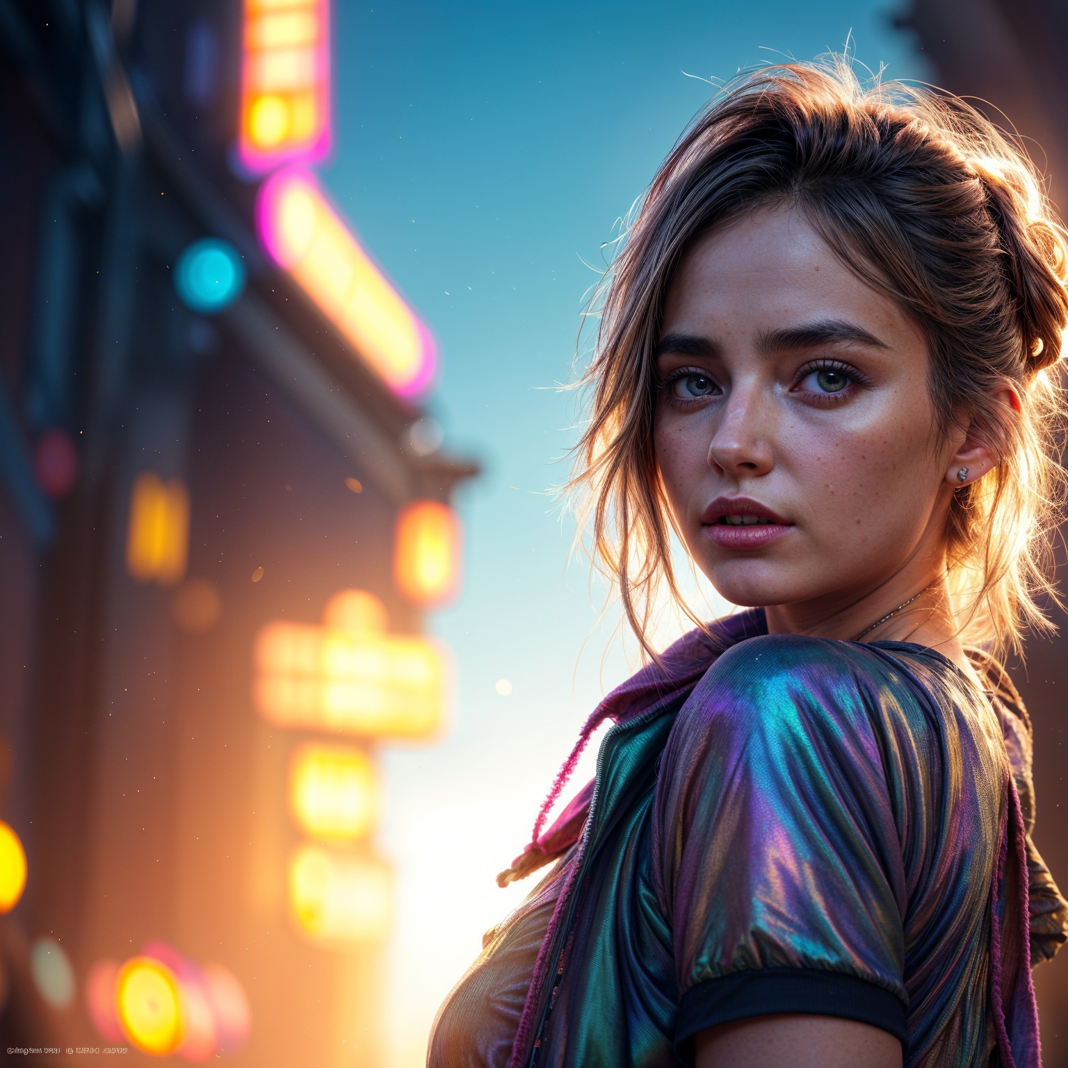 Young woman in urban setting with neon lights at dusk
