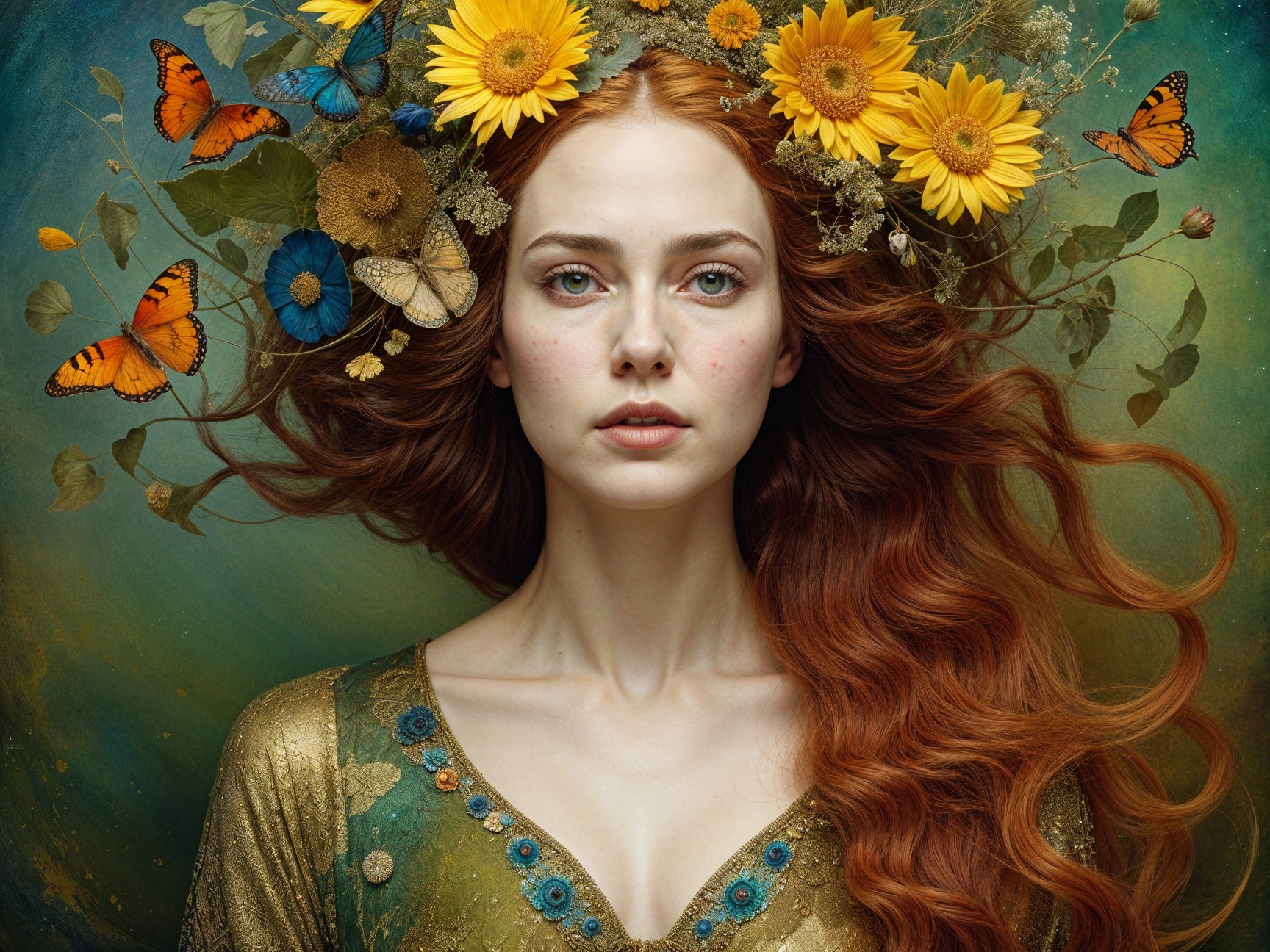 Portrait of a Woman with Sunflowers and Butterflies