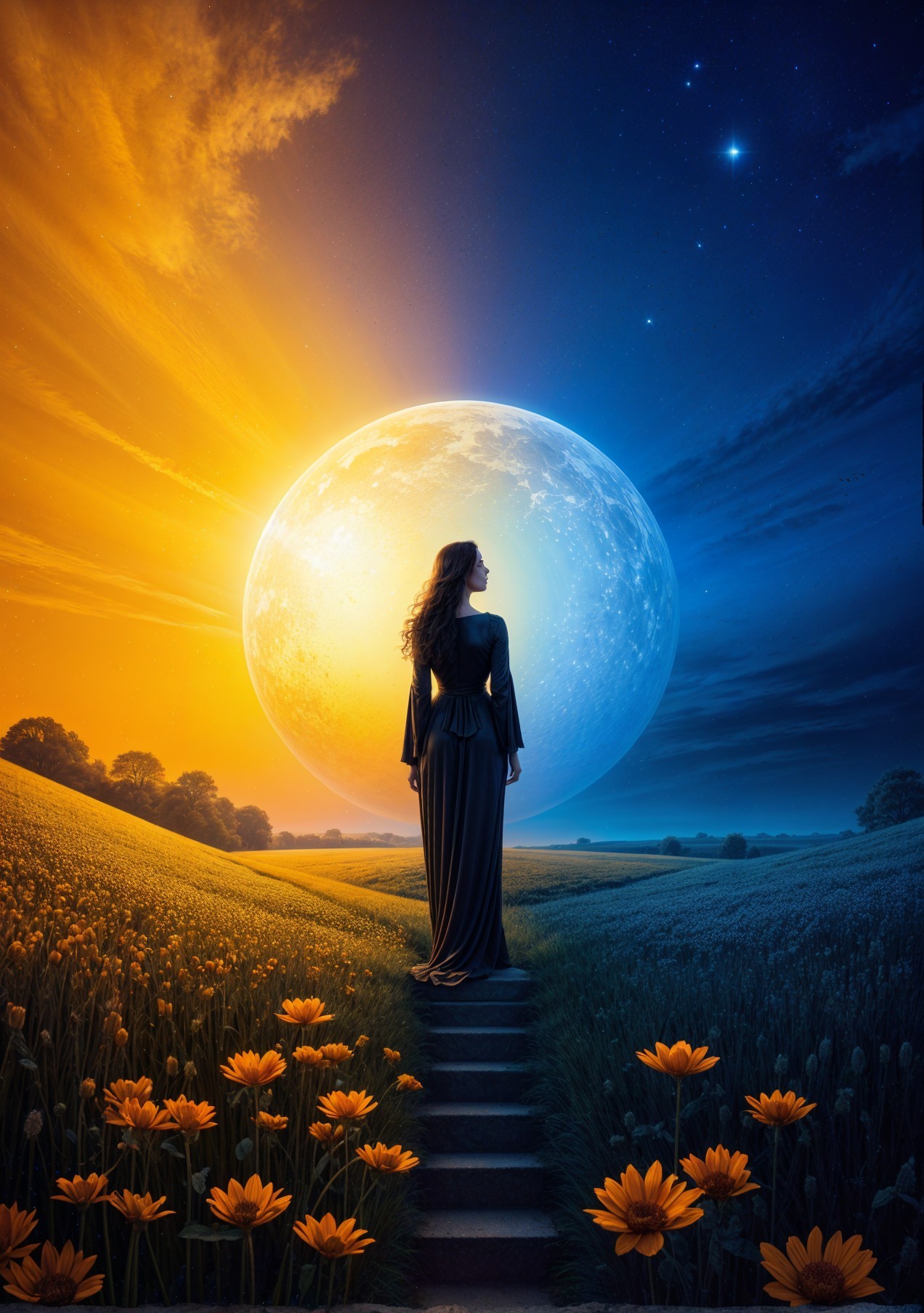 Silhouette of a Woman in Vibrant Landscape at Twilight