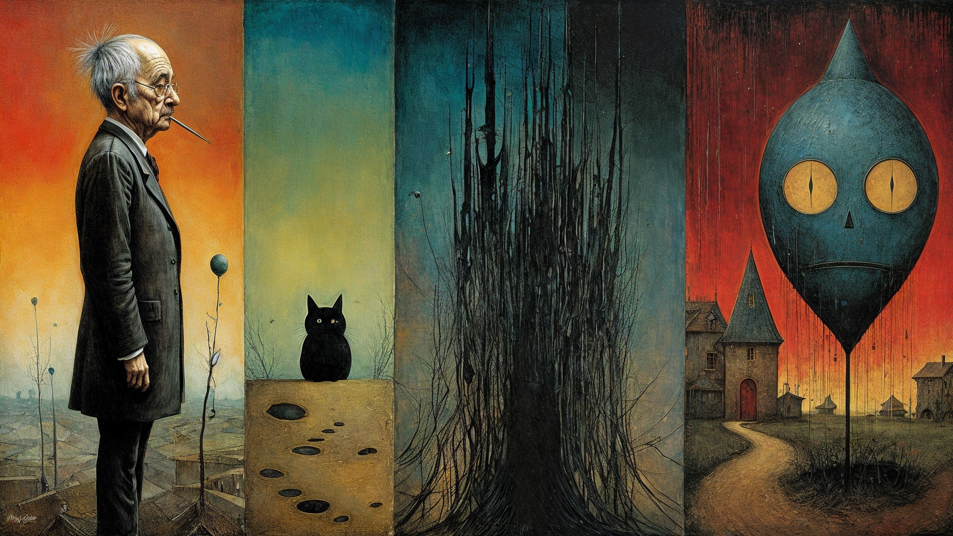 Surreal Triptych with Diverse Themes and Imagery