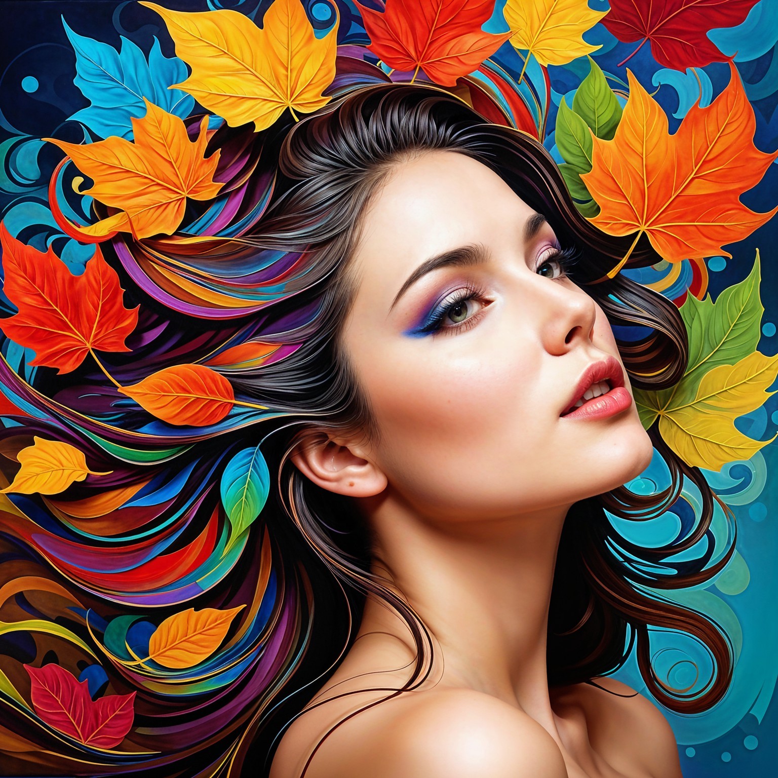 Woman with Vibrant Makeup Amid Colorful Autumn Leaves
