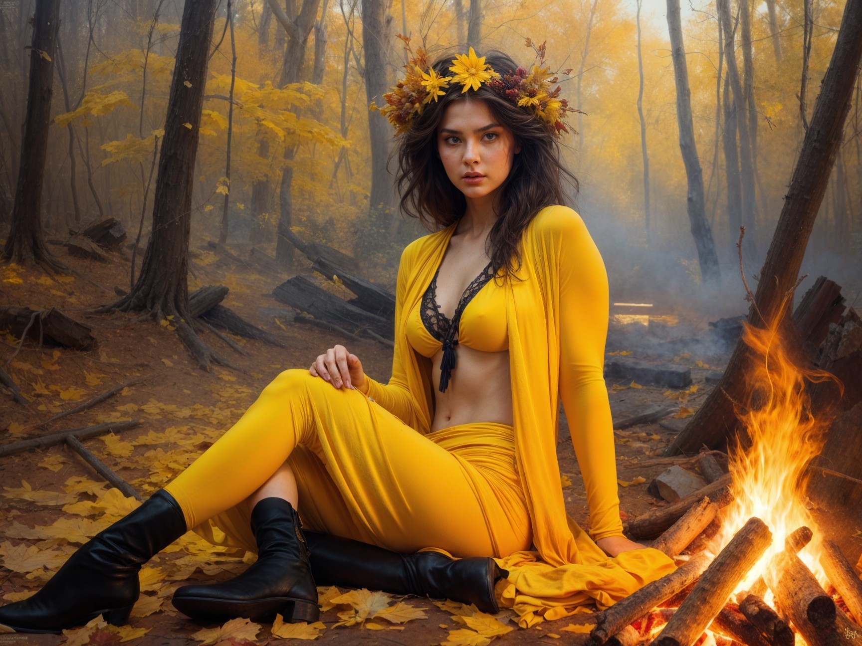Woman by Fire in Autumn Forest with Floral Crown