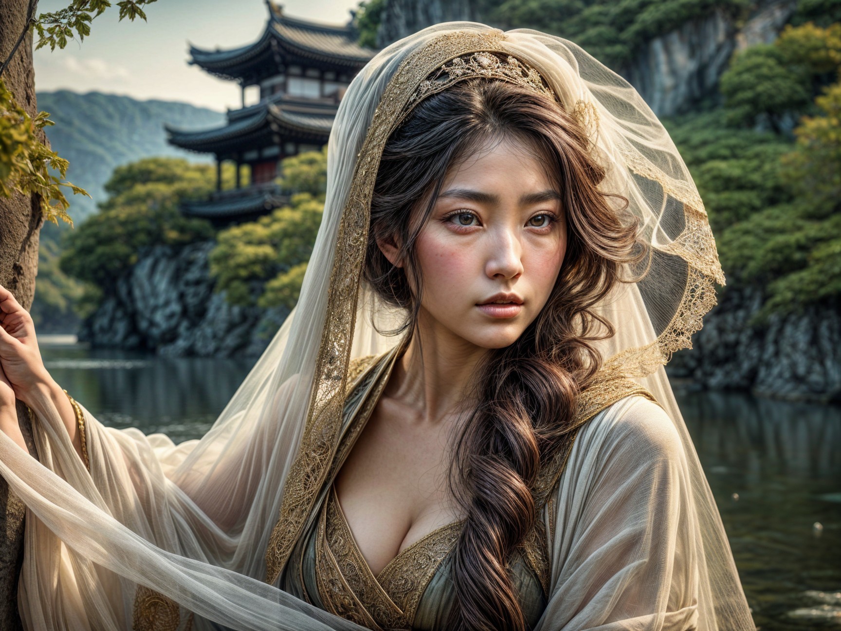 Elegant Woman in Gown by Serene Water and Pagoda