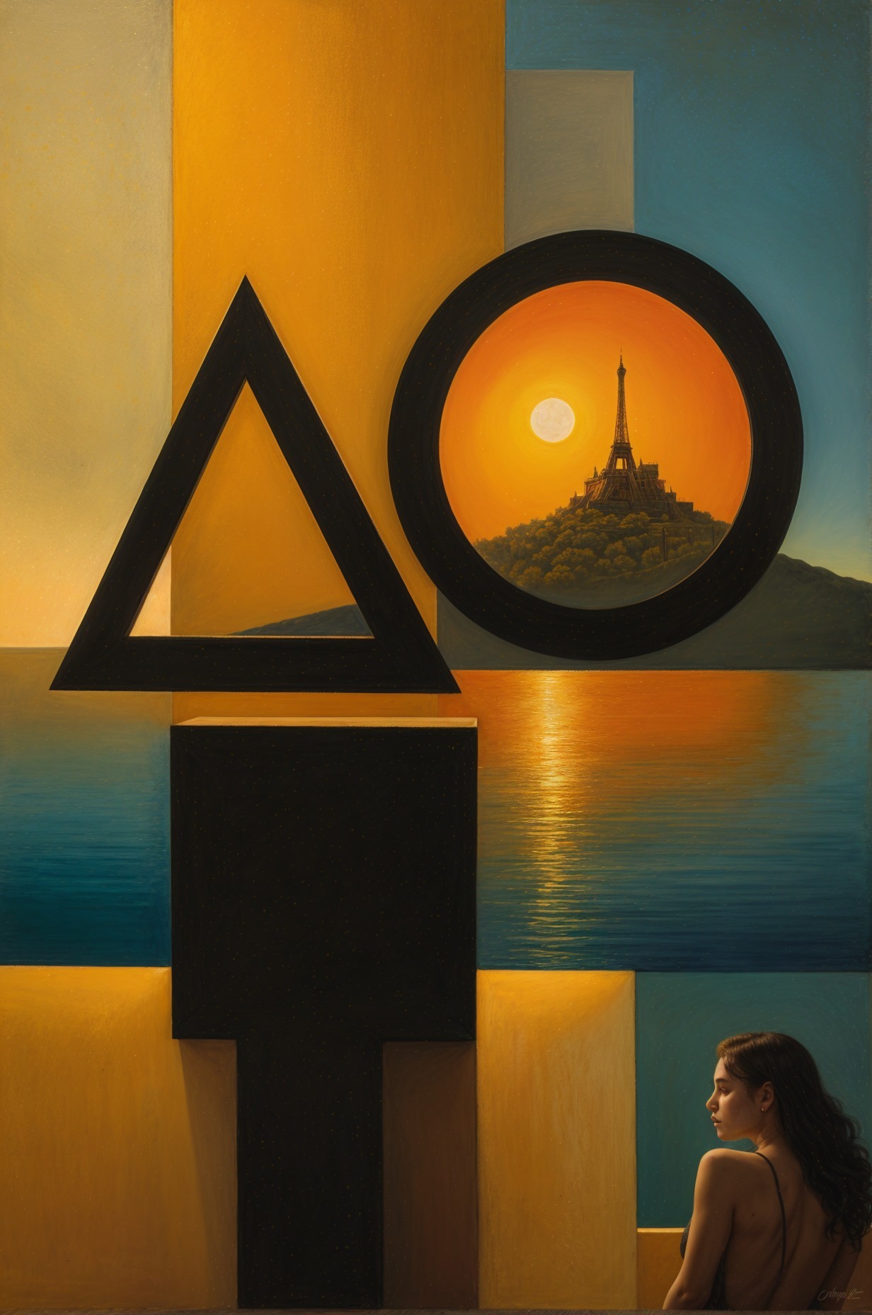 Surreal Composition with Geometric Shapes and Sunset