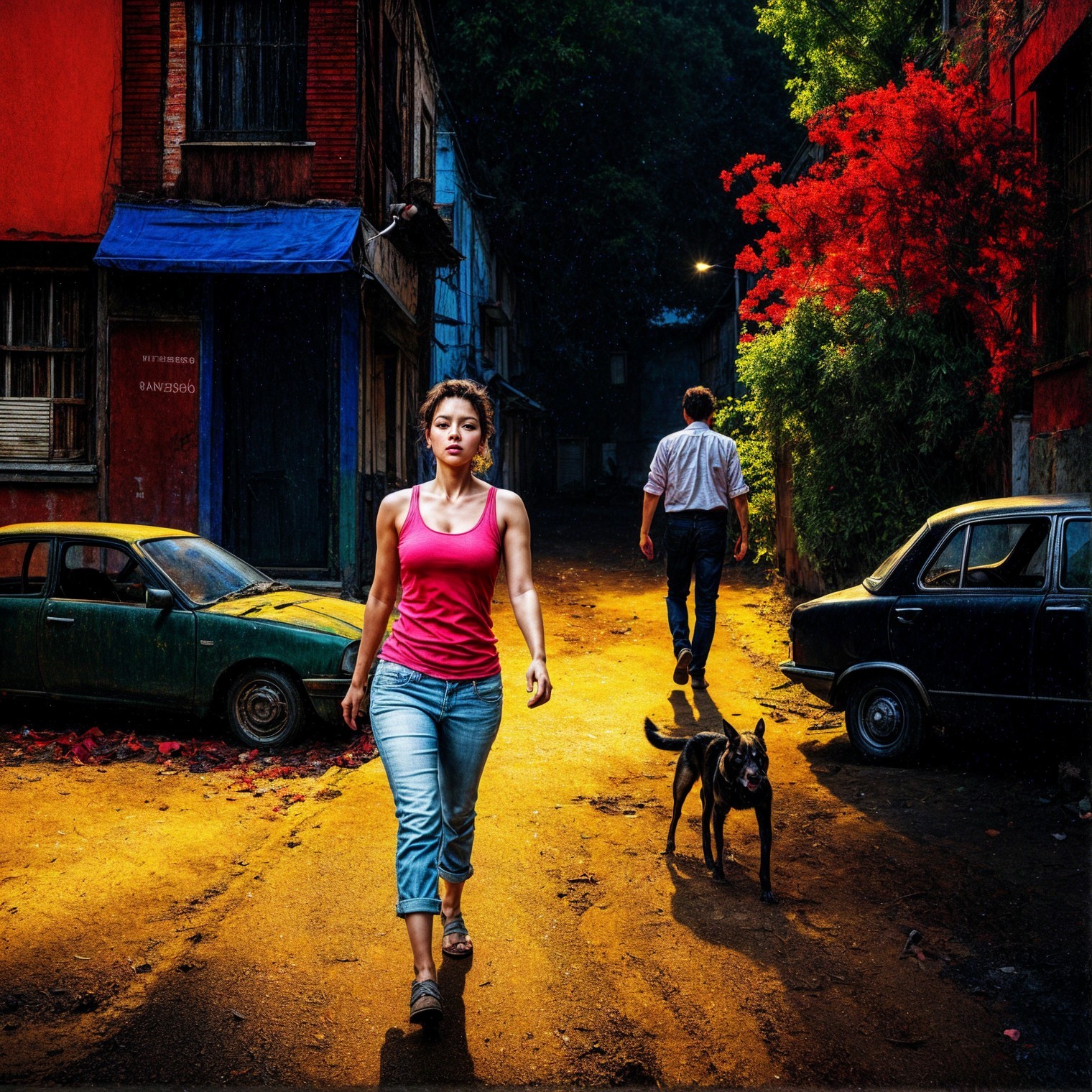 Woman in Pink Tank Top Walking in Urban Street Scene