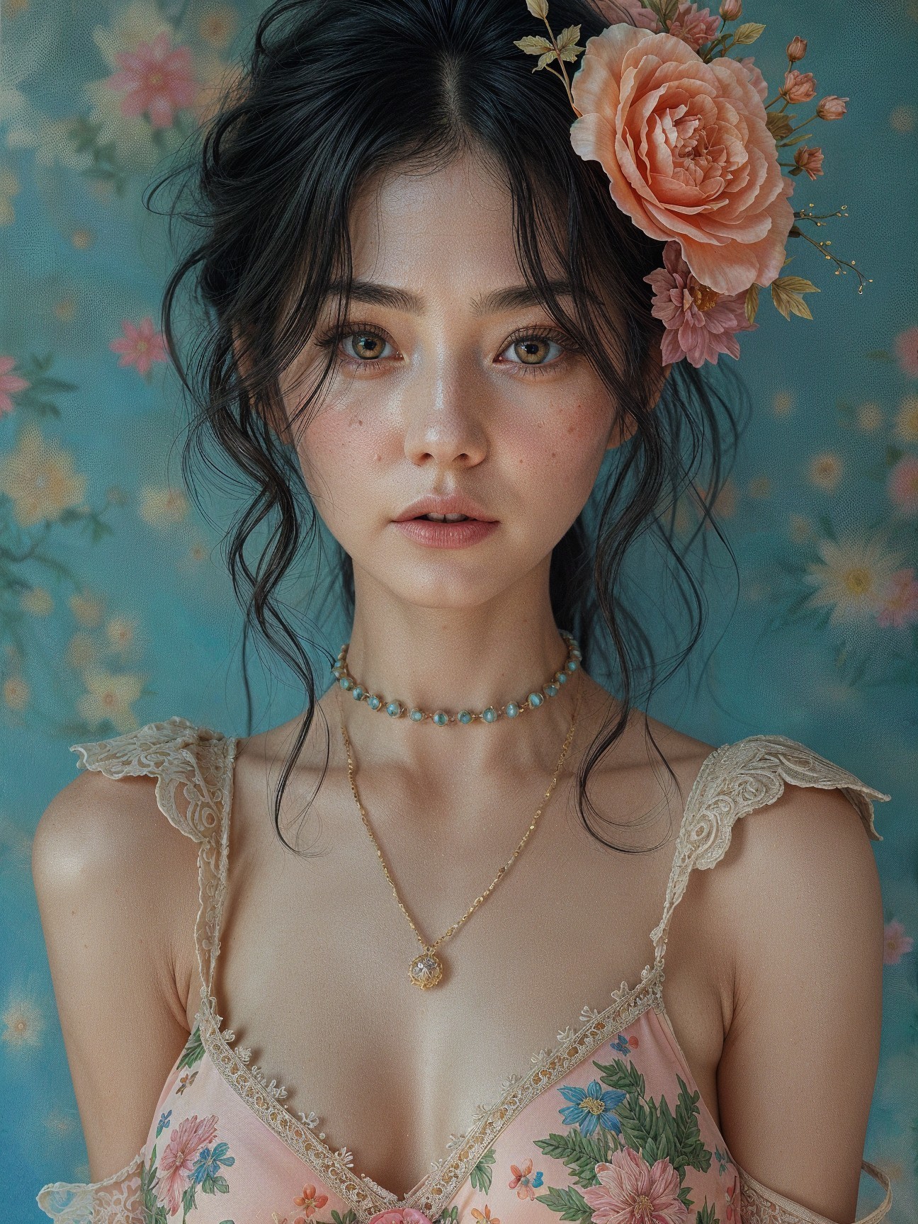 Young Woman in Floral Dress with Ethereal Beauty