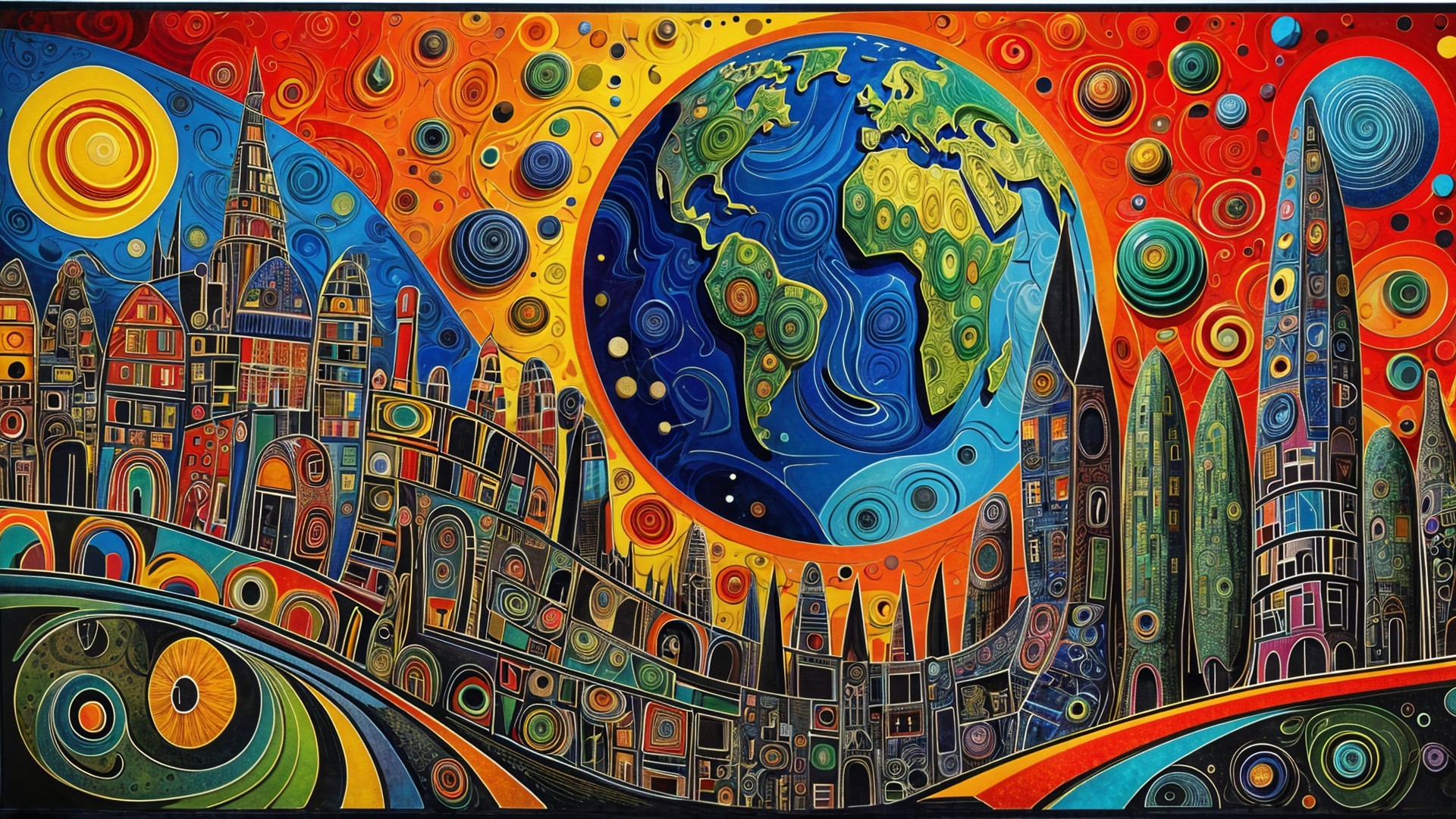 Vibrant Abstract Artwork of Earth with Geometric Towers