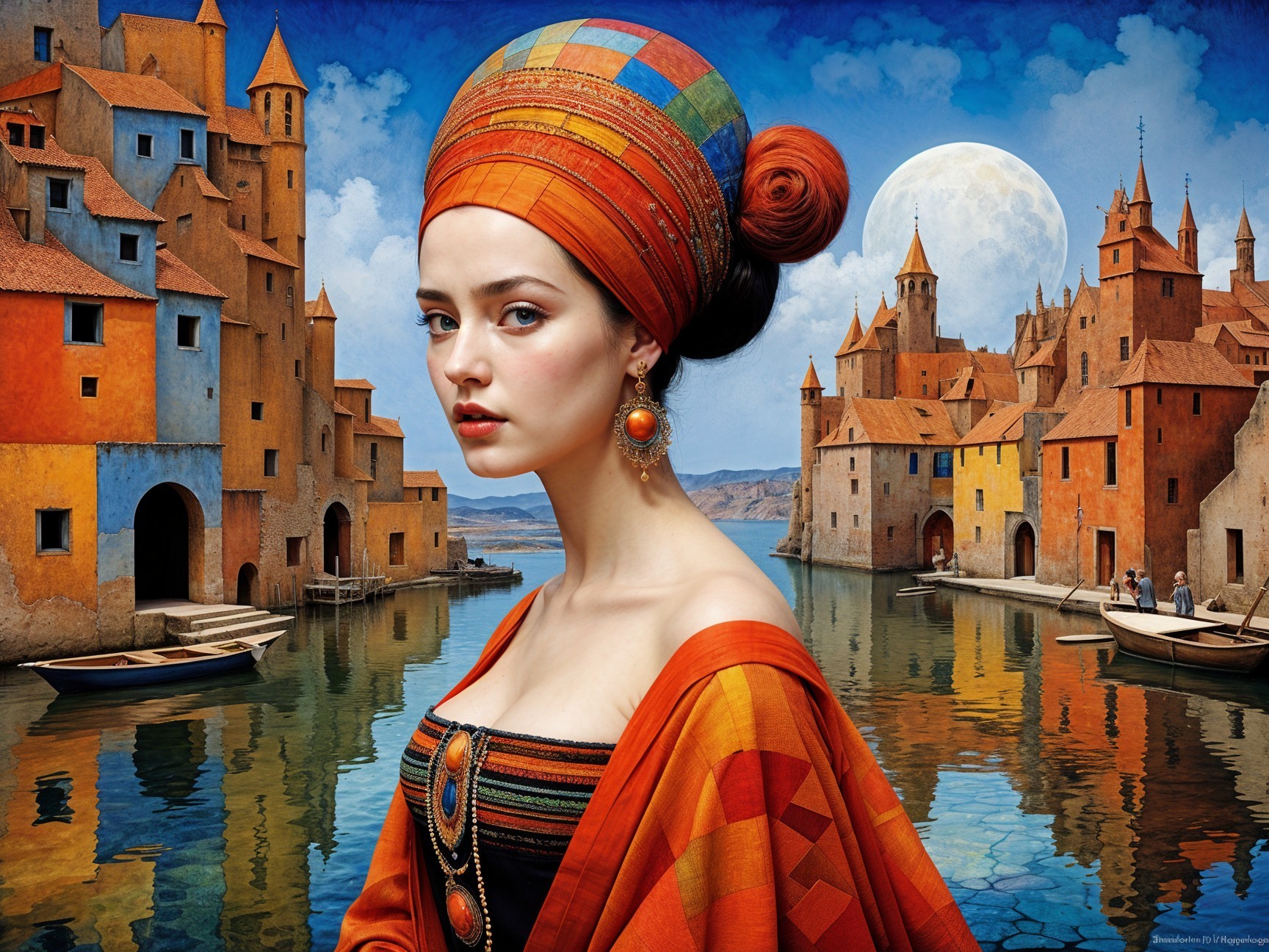 Young Woman in Orange Attire by Serene Waterway