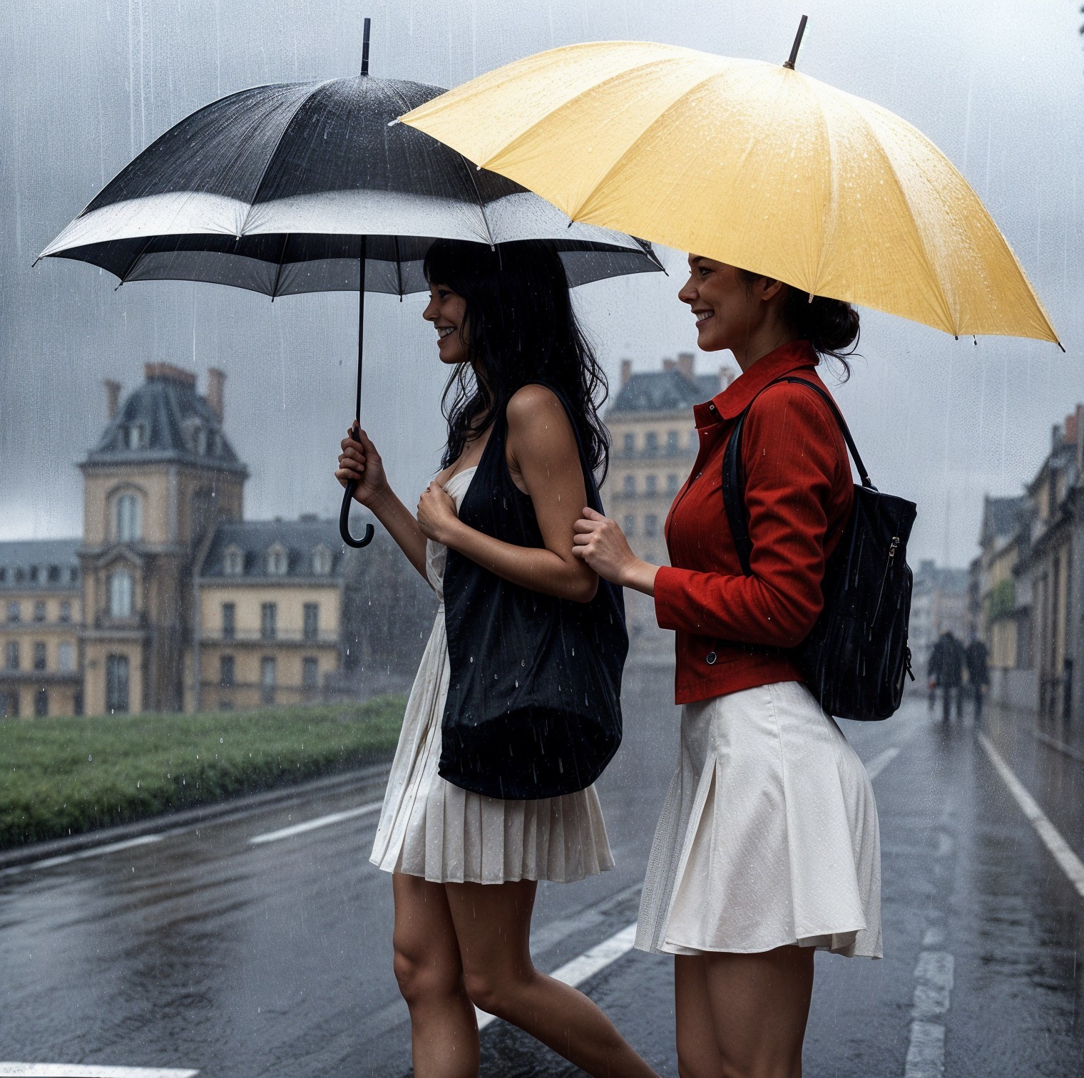 Women with umbrellas in a rainy urban setting