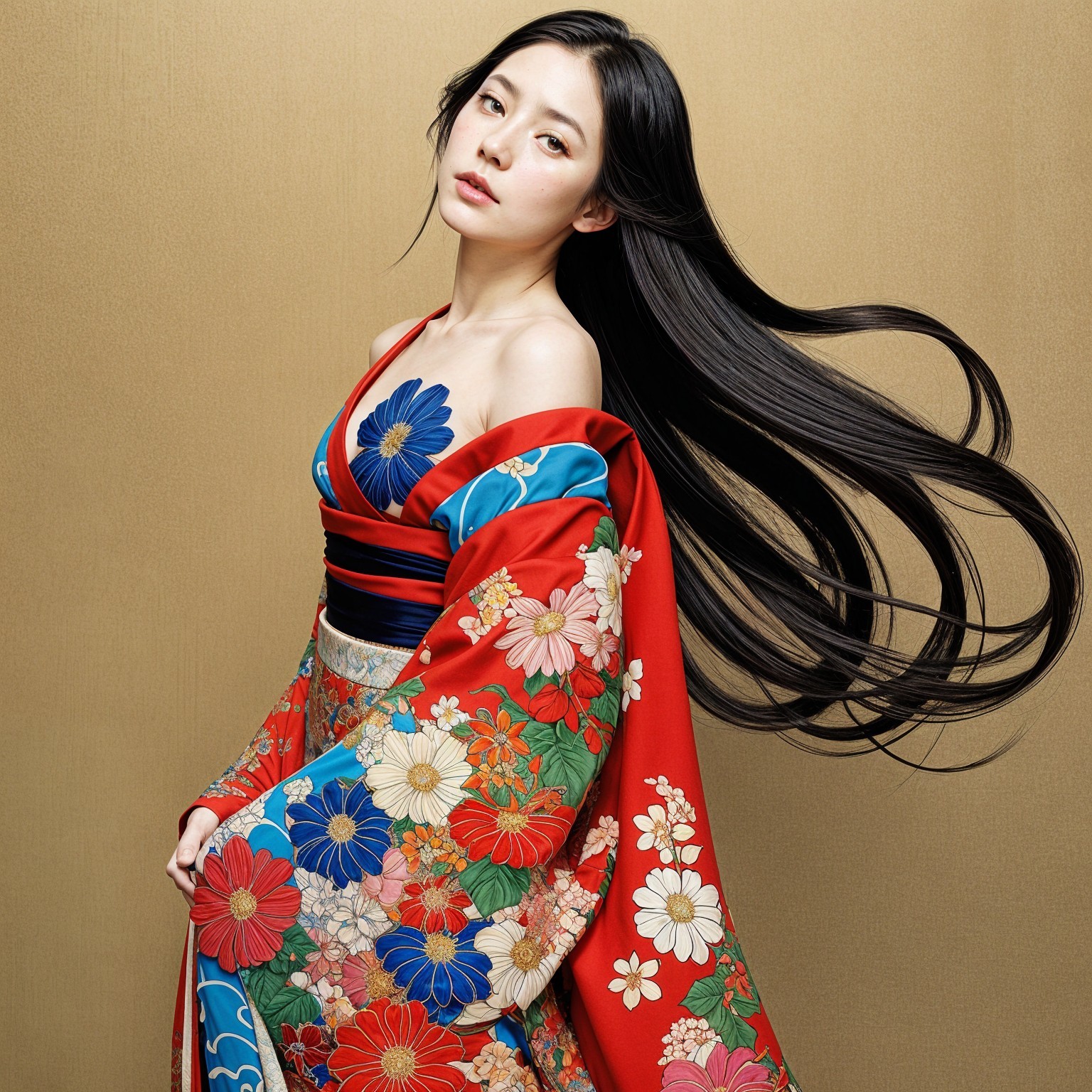 Young Woman in Vibrant Red Kimono with Floral Patterns