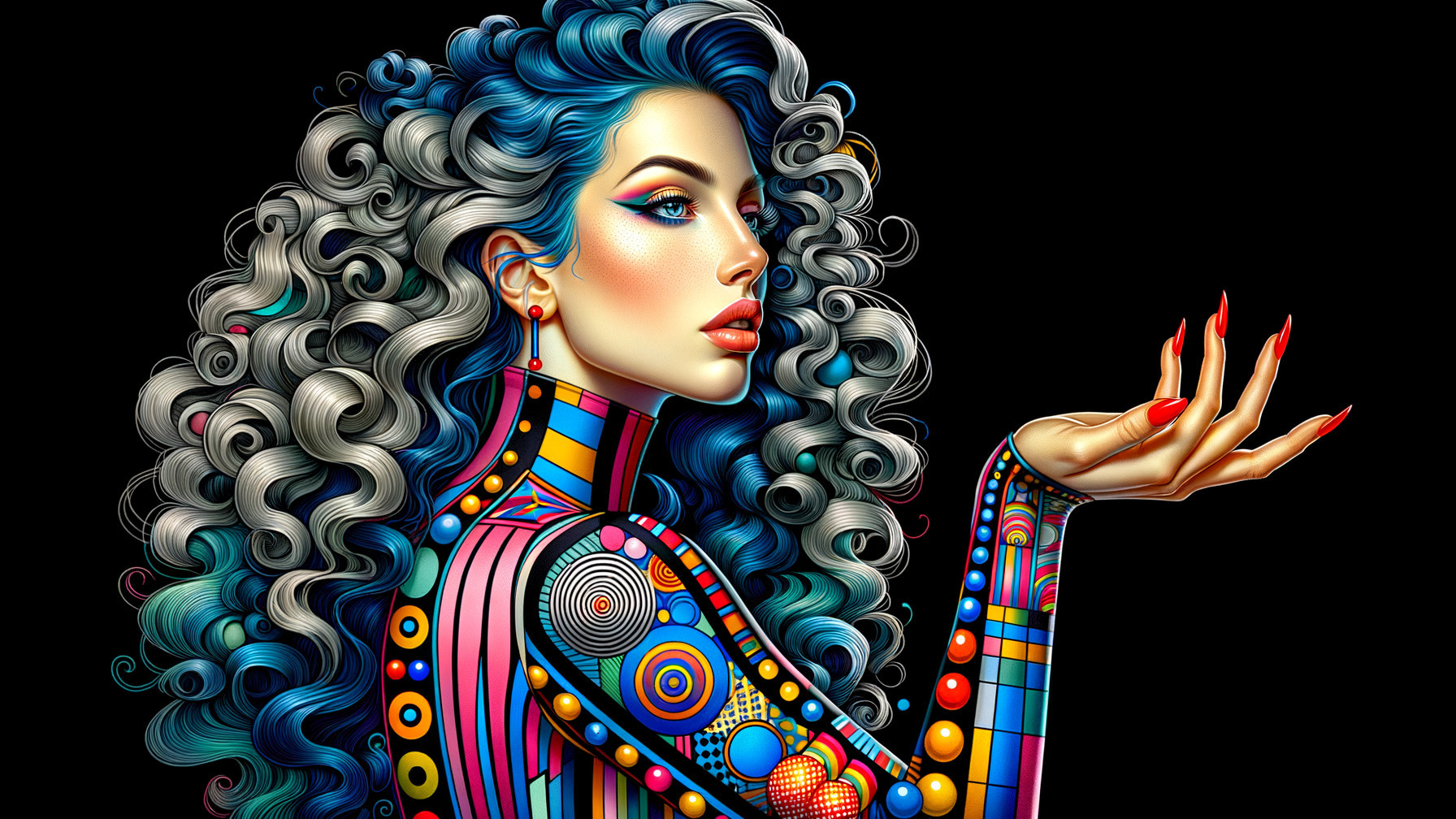 Striking Woman with Blue and Silver Curly Hair
