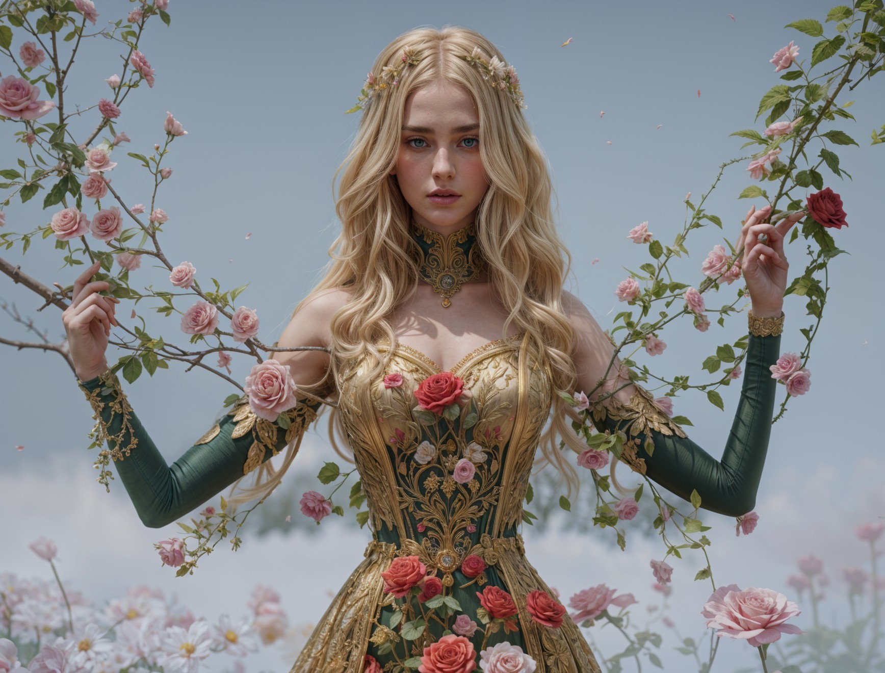 Young Woman in Gold Gown Surrounded by Roses