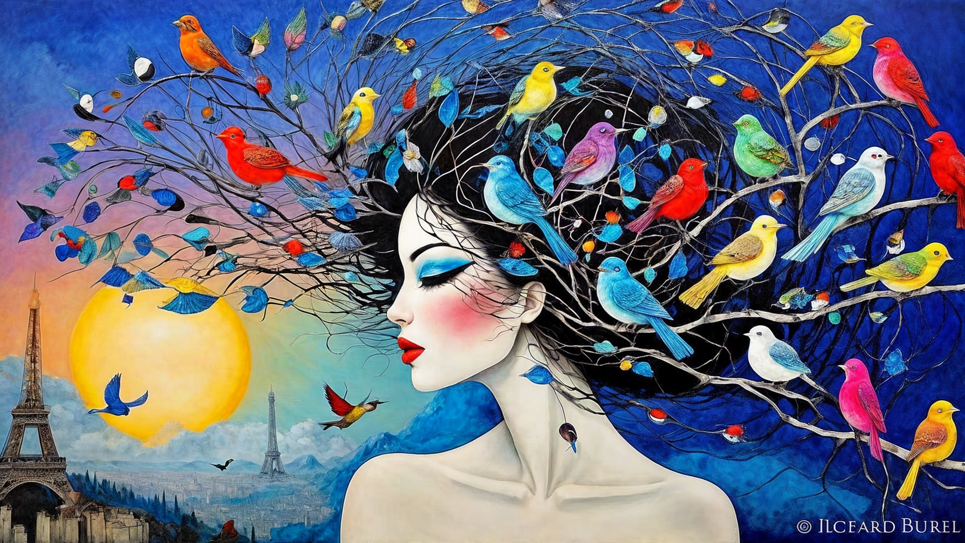 Serene woman with branch hair and sunset background
