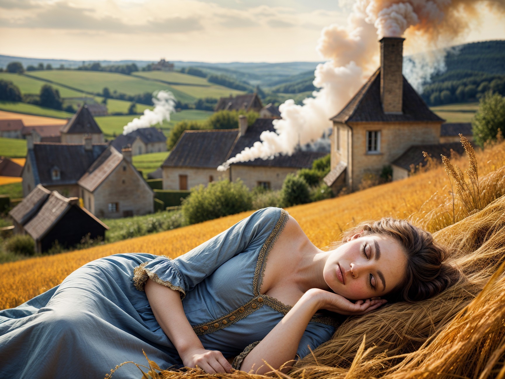 Young Woman in Vintage Dress in Idyllic Rural Landscape