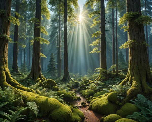 Serene Forest Scene with Sunlight and Gentle Stream
