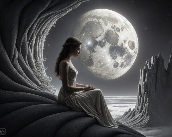 Serene Woman in White Dress Under Luminous Moon