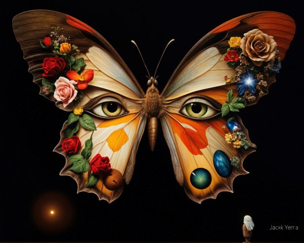 Vibrant Butterfly Artwork with Floral and Gemstone Details