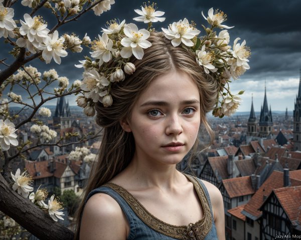 Young Woman with Flowers Against Dramatic Sky