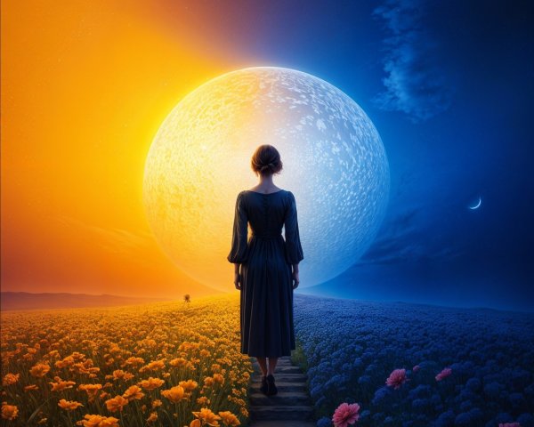 Woman on path between vibrant flower fields and sky
