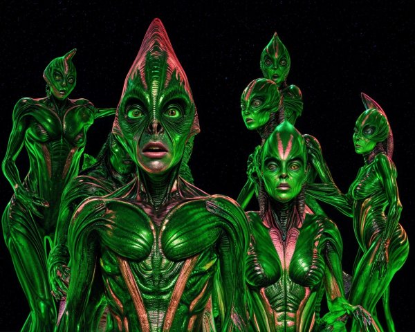 Alien Beings with Vibrant Skin Against Starry Backdrop