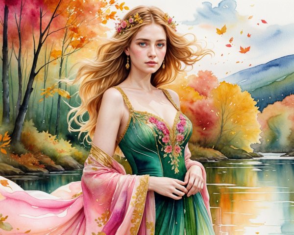 Young woman in gown by serene autumn lake