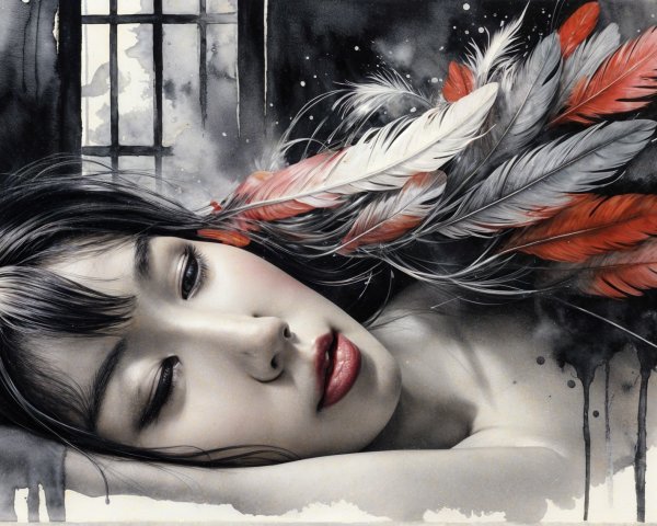 Serene Portrait of Woman with Feathers and Watercolor