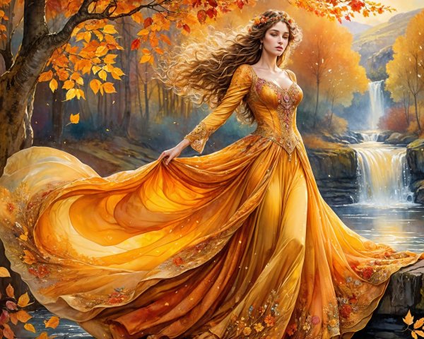 Woman in Golden Gown by Autumn Waterfall