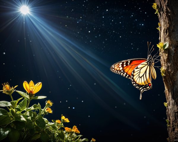 Monarch Butterfly on Tree with Night Sky and Flowers