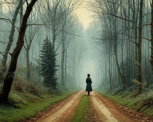 Solitary Figure on Misty Path with Bare Trees