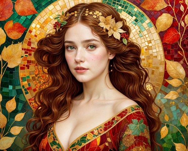 Portrait of a woman with auburn hair and red gown