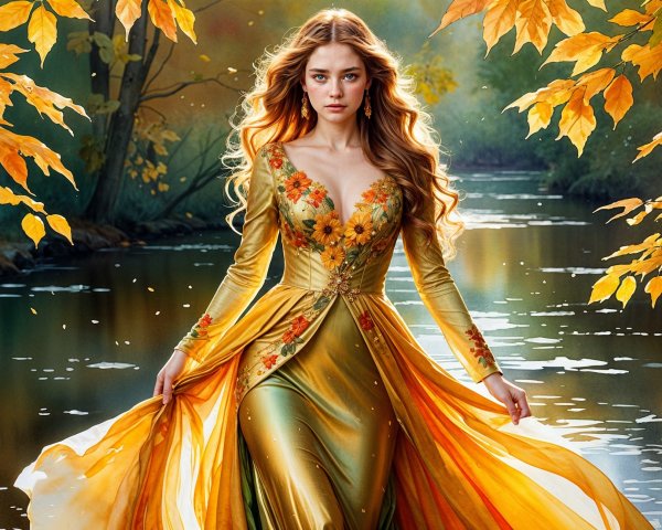 Young woman in yellow gown by serene autumn river
