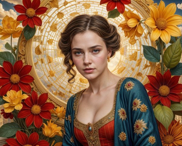 Elegant woman in vibrant gown with lush floral backdrop